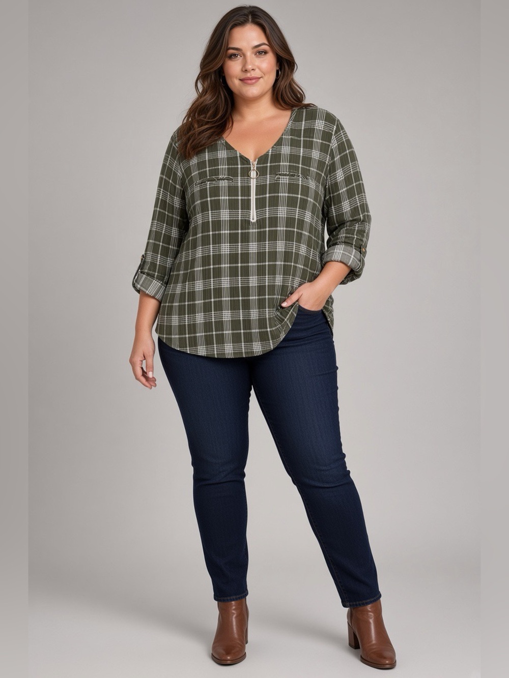Olive Plaid Zip-Front Women's Top